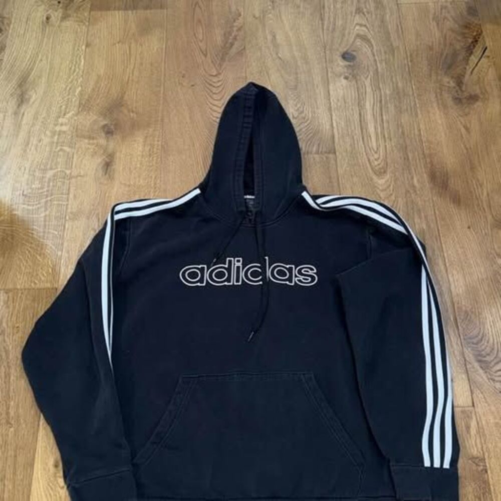 Adidas 3 Stripe Hoodie Black Spellout Outline Logo Fleece Pullover Sweatshirt xl